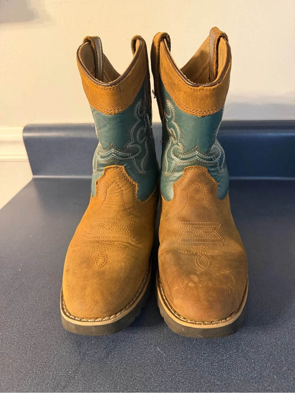 Kids Brown and Teal Western Pull-On Boots